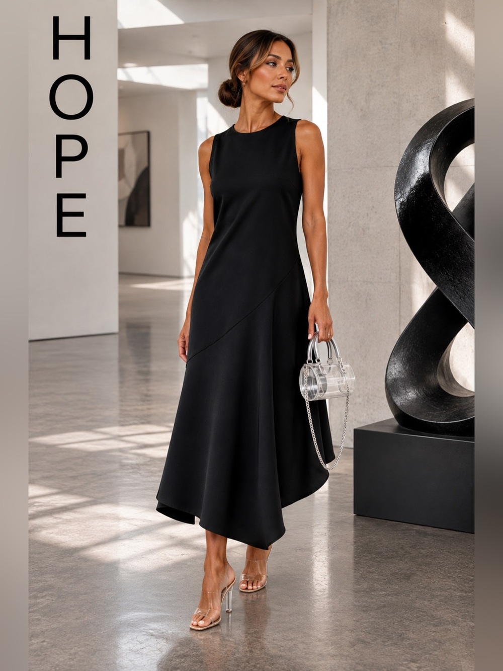 HOPE Sweden Black Asymmetrical Draped Midi Dress Scandinavian Luxury Size 8/M